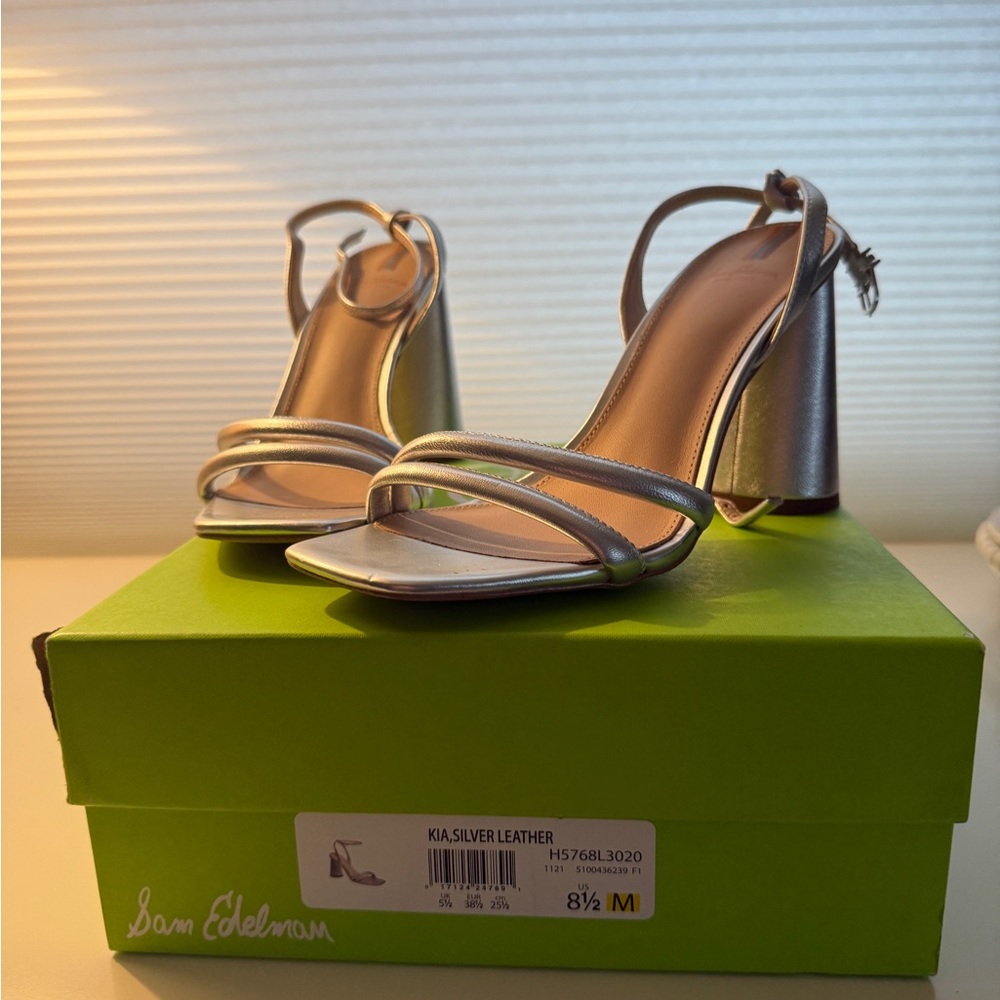 Sam Edelman Metallic Silver Strappy Block Heel Sandals